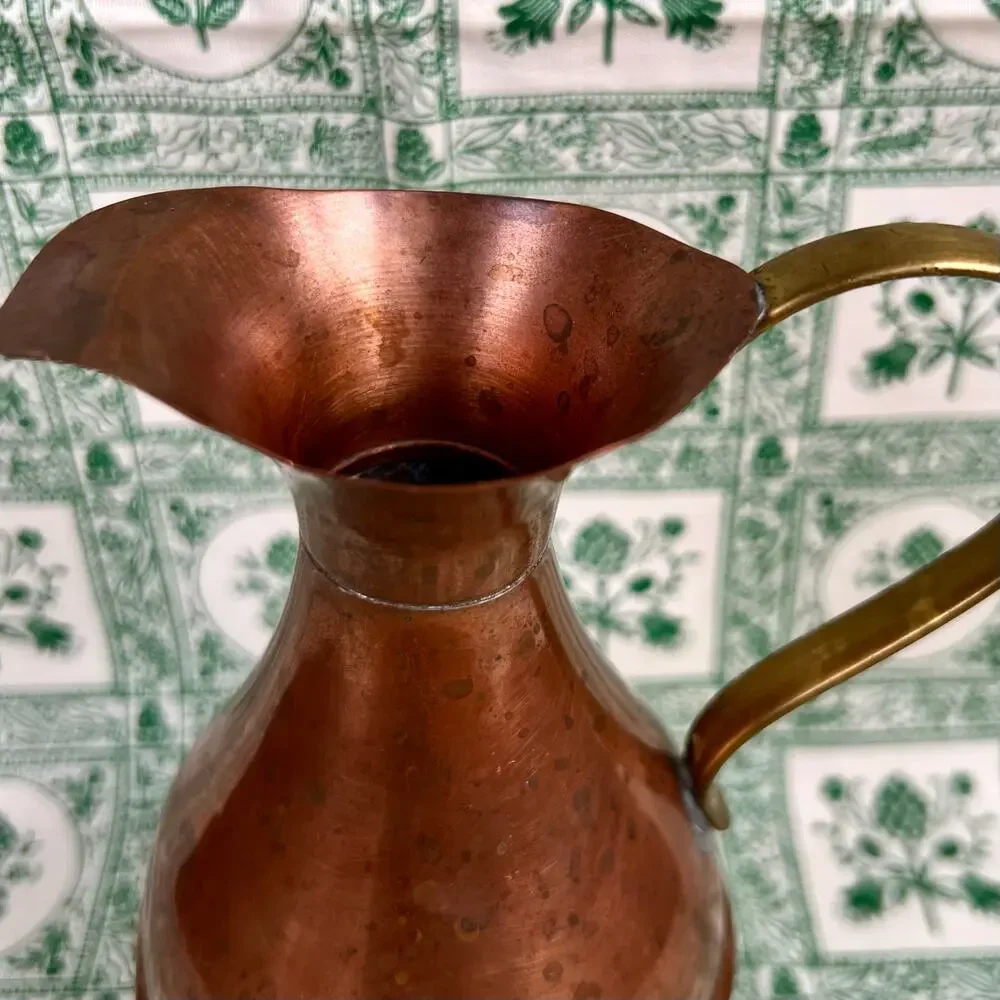 Vintage 50s Copper Pitcher Jug Brass‎ Handle Rustic Country Decor
